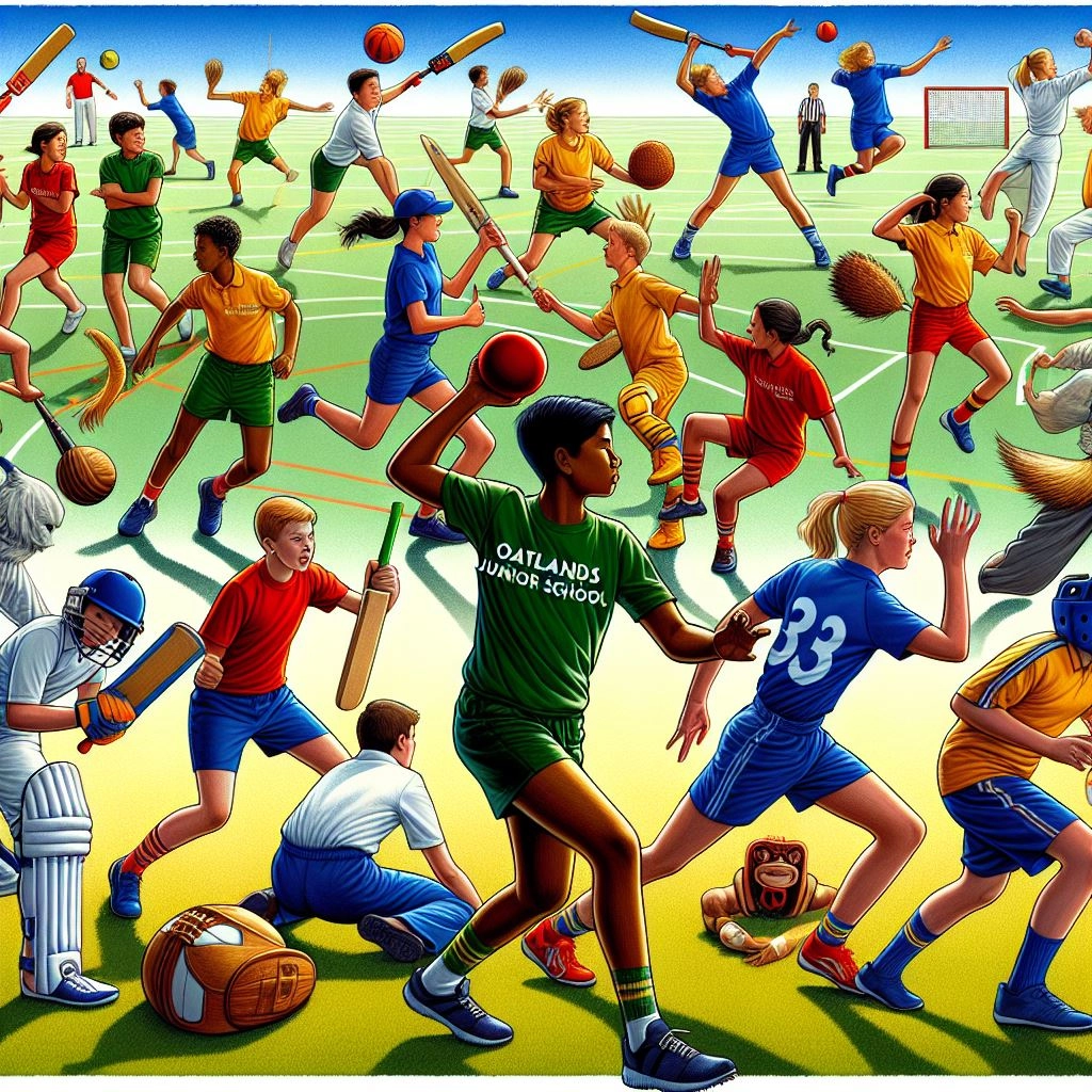 A vibrant and dynamic scene at Oatlands Junior School featuring athletics, cricket, kabbadi, rackets