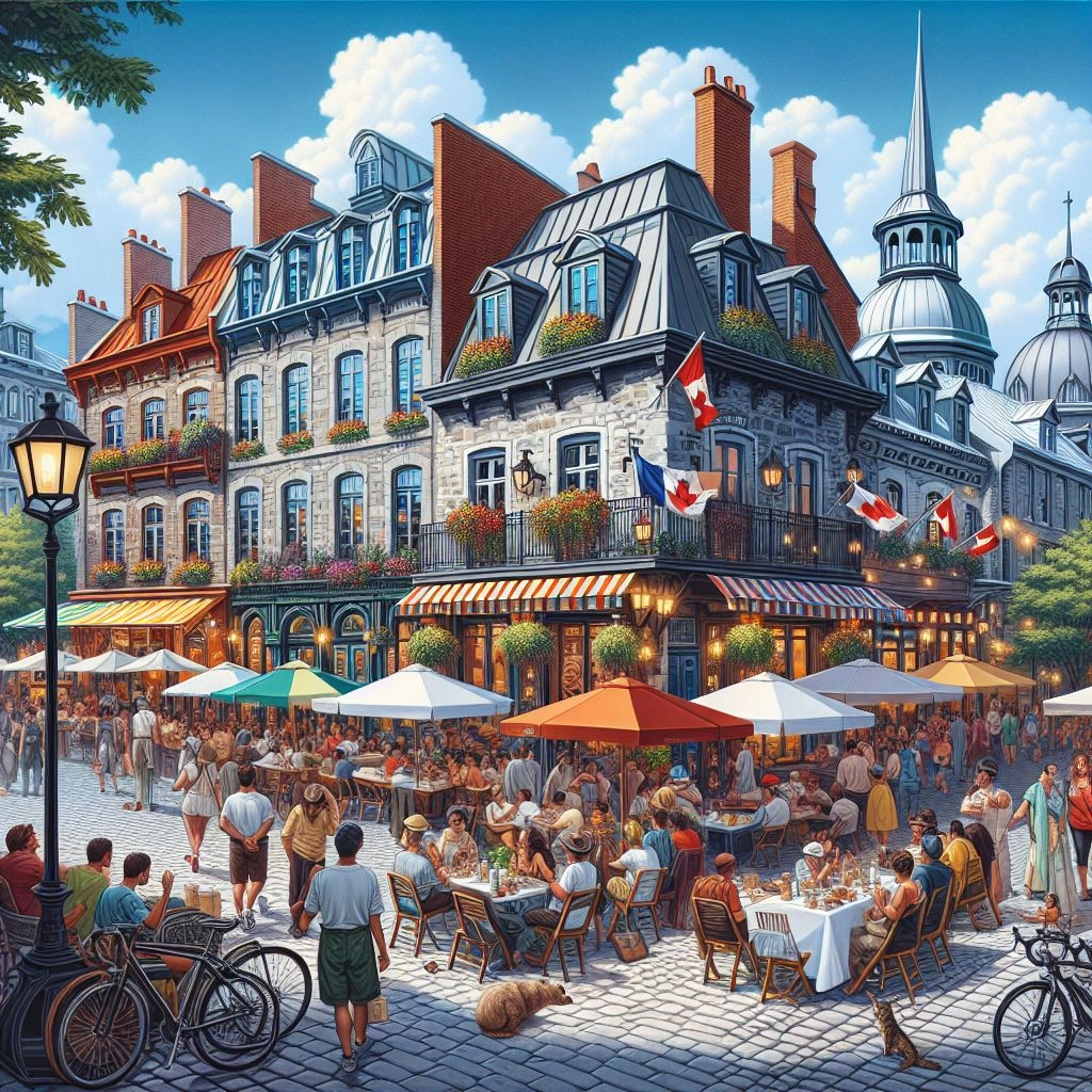A picturesque scene in French-speaking Canada, featuring iconic landmarks, vibrant culture, and peop