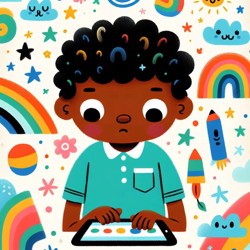 A whimsical cartoon of a child in a teal poloshirt, intently working on an iPad, with a playful and 